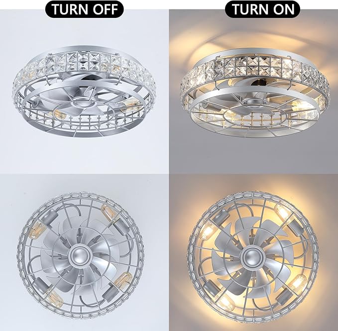 SHIHOT 18" Low Profile Crystal Ceiling Fans with Lights and Remote, Modern Flush Mount Fan, Reversible, 3-Speed, Quiet, Caged Ceiling Fan for Bedroom(Bulbs not included)
