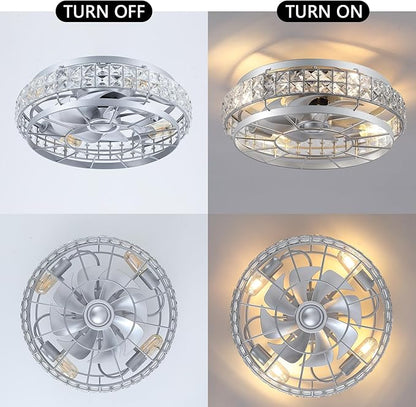 SHIHOT 18" Low Profile Crystal Ceiling Fans with Lights and Remote, Modern Flush Mount Fan, Reversible, 3-Speed, Quiet, Caged Ceiling Fan for Bedroom(Bulbs not included)