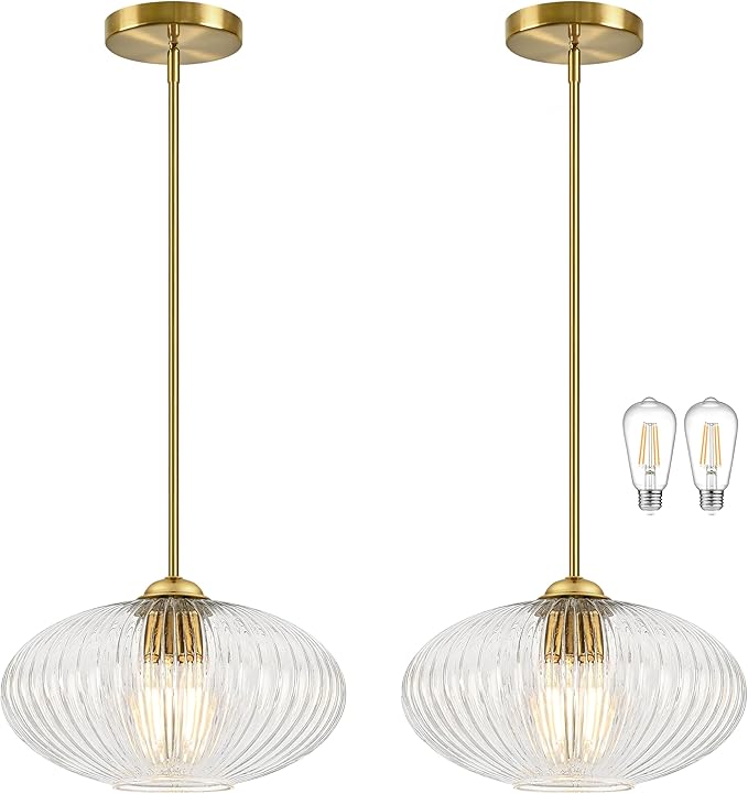 12" Clear Glass Modern Pendant Light Kitchen Island 2 Pack Brushed Gold Mid Century Modern Pendant Lighting with Clear Glass Hanging Pendant Light for Dining Room（Bulb Incl.）