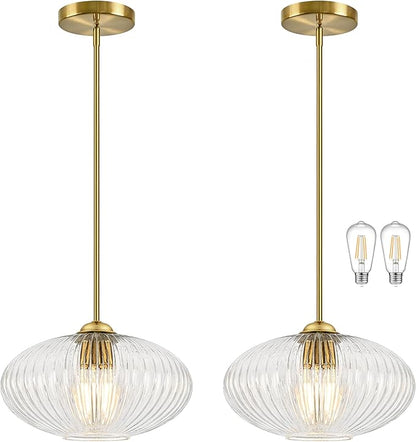 12" Clear Glass Modern Pendant Light Kitchen Island 2 Pack Brushed Gold Mid Century Modern Pendant Lighting with Clear Glass Hanging Pendant Light for Dining Room（Bulb Incl.）
