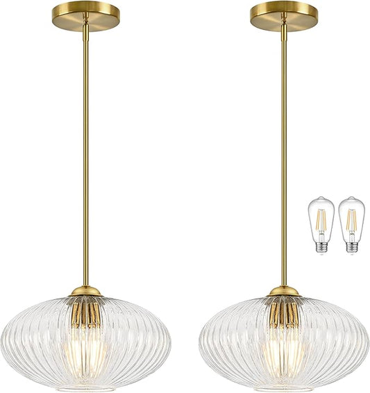 12" Clear Glass Modern Pendant Light Kitchen Island 2 Pack Brushed Gold Mid Century Modern Pendant Lighting with Clear Glass Hanging Pendant Light for Dining Room（Bulb Incl.）