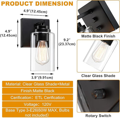 Pia Ricco Wall Sconces Set of Two, Bedside Wall Lamps with Rotary Switch for Bedroom, Modern Bathroom Light Fixtures with Clear Glass Shade, Black Sconces Wall Lights for Living Room, Hallway, Kitchen