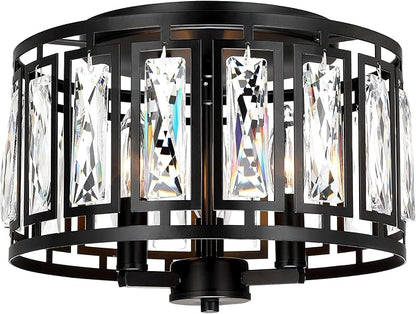 Crystal Ceiling Light Flush Mount for Bedroom, Kitchen Island Crystal Drum Shade Lighting Fixture, 3-Light Black Ceiling Lamp for Dining Room