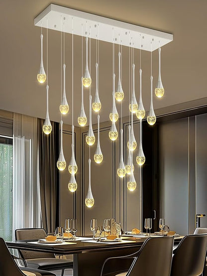 24-Lights Raindrop Chandeliers for Dining Room, Chrome Rectangular Pendant Lights Fixture,Teardrop Pendant Lights Kitchen Island, Adjustable Rectangular Chandelier for Entryway Foyer High Ceiling