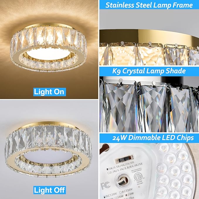 Gold Luxury Crystal Flush Mount Ceiling Lighting Fixture,11 Inch Small Dimmable LED Chandelier,5CCT 3000K-6000K 24W Modern Round Close to Ceiling Light for Hallway,Kitchen,Bedroom,Laundry Room