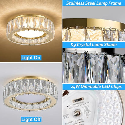 Gold Luxury Crystal Flush Mount Ceiling Lighting Fixture,11 Inch Small Dimmable LED Chandelier,5CCT 3000K-6000K 24W Modern Round Close to Ceiling Light for Hallway,Kitchen,Bedroom,Laundry Room