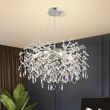 Modern Tree Branch Crystal Chandelier 23.6" Sliver Luxury Large Pendant Lighting 8-Light Contemporary K9 Crystal Chandeliers for Dining Room Kitchen Living Room Foyer Entryway (Sliver, D23.6"-Round)
