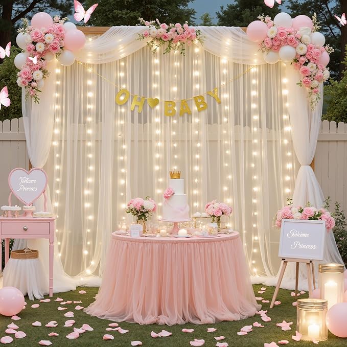 Ivory Sheer Backdrop Curtains with Lights String for Parites Wedding 10×8ft Tulle Backdrop Curtains for Baby Shower Birthday Party Photo Shoot Background Decorations