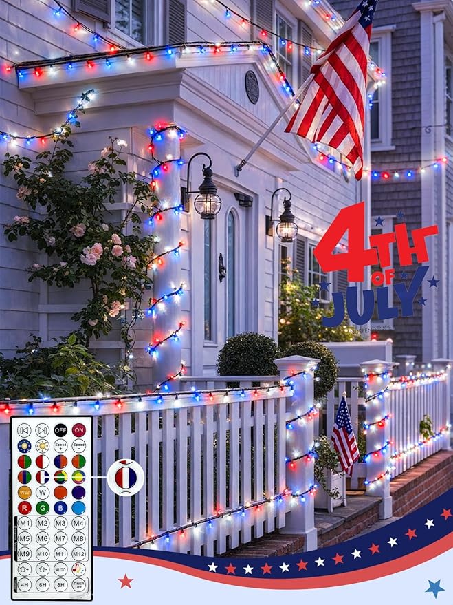 400LED Smart 4th of July String Lights App Controlled, 142FT Waterproof Red White and Blue Lights, Patriotic RGB Color Changing Twinkle Light with Remote & Timer Indoor Outdoor for Memorial Day Decor