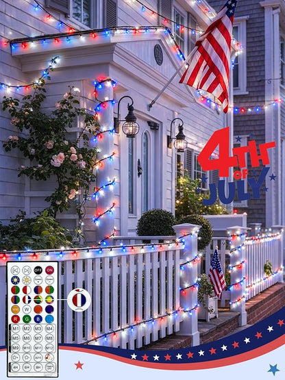 500LED Smart 4th of July String Lights App Controlled, 175FT Waterproof Red White and Blue Lights, Patriotic RGB Color Changing Twinkle Light with Remote & Timer Indoor Outdoor for Memorial Day Decor