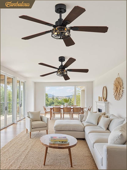 Fanbulous 2 Pack 42 Inch Rustic Caged Ceiling Fan with Lights, Black Farmhouse Ceiling Fans for Bedroom Living Room, Double-Sided 5 Blades Rustic Ceiling Fan