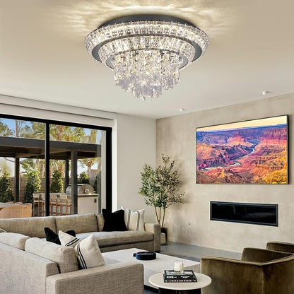 18 inch Crystal Flush Mount Black Chandelier, Modern Raindrop LED Ceiling Light, 3CCT Dimmable & Brightness Adjustable,Remote/APP ,Elegant Chandeliers for Bedroom Hallway Dinning Room Living Room