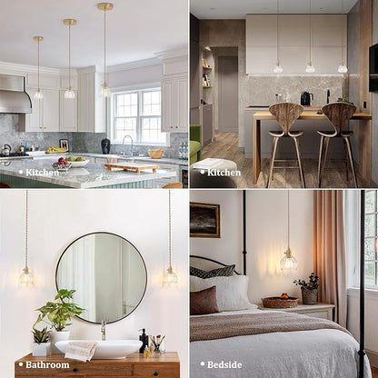 Shenmoyl Pendant Light with Clear Tulip Glass Lmapshade, Brass Vintage Pendant Light Adjustable Hanging Light for Kitchen Island Dining Room Hallway
