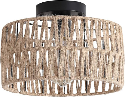 Coastal Woven Flush Mount Ceiling Light Fixture Rustic Industrial Hemp Rope Semi Flush Mount Ceiling Light for Hallway Bedroom Farmhouse Kitchen Entryway Hall, Black