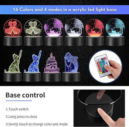 Riakrum 48 Pcs/12 Sets Acrylic Night Lights Clear Acrylic Sheets and 3D Night LED Light Lamp Base with Remote Control USB Cable, DIY LED Lamp Set for Restaurant Bar Cafe Room Decor(Round)