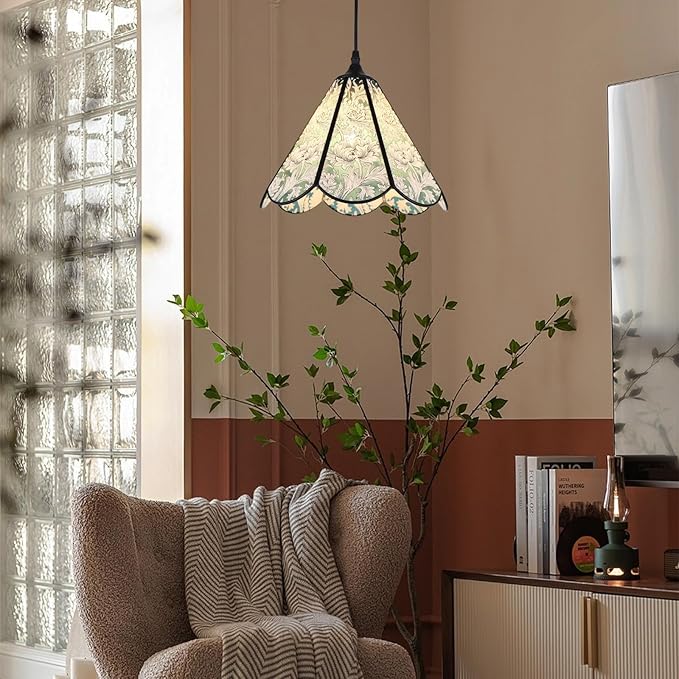 Floral Handcrafted Glass Pendant Light Fixture, Tiffany Pendant Light with Artisanal Applique, Perfect for Dining Tables and Kitchen Islands