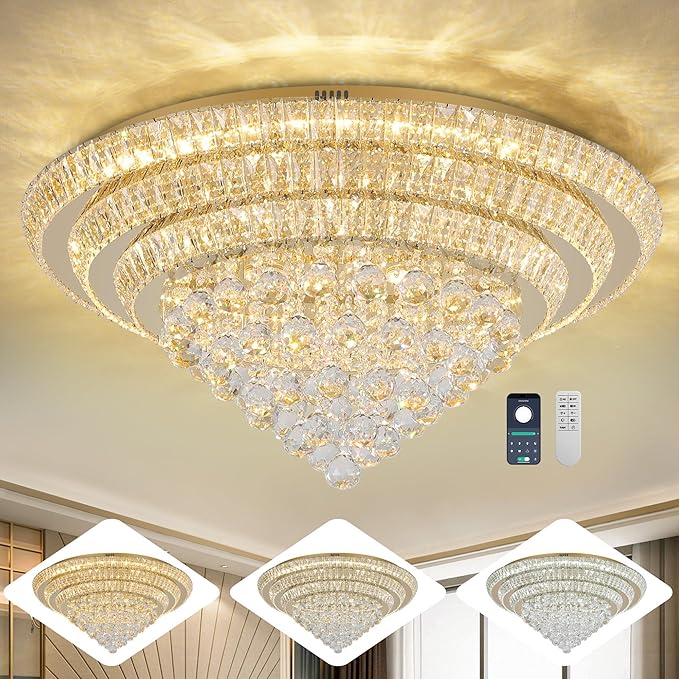 Miuyhji Large LED Crystal Raindrop Ceiling Light,Rose Gold, 30" Elegant Semi Flush Mount Chandelier Light Fixture with Remote Control for Living Room Kitchen Bedroom Hallway Entryway Foyer(Dimmable)