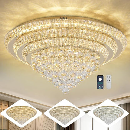Miuyhji Large LED Crystal Raindrop Ceiling Light,Rose Gold, 30" Elegant Semi Flush Mount Chandelier Light Fixture with Remote Control for Living Room Kitchen Bedroom Hallway Entryway Foyer(Dimmable)