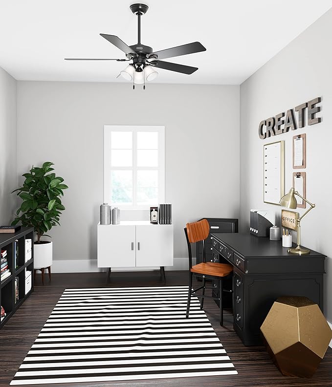 Hunter 52 inch Indoor Ceiling Fan with LED Lights - Black Ceiling Fan with Pull Chain, for Bedroom, Living Room, or Kitchen, Standard Mount, No Remote, 5 Blades - Swanson 51737, Matte Black
