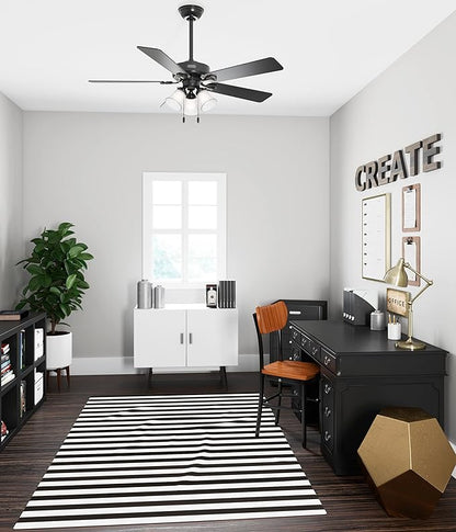 Hunter 52 inch Indoor Ceiling Fan with LED Lights - Black Ceiling Fan with Pull Chain, for Bedroom, Living Room, or Kitchen, Standard Mount, No Remote, 5 Blades - Swanson 51737, Matte Black