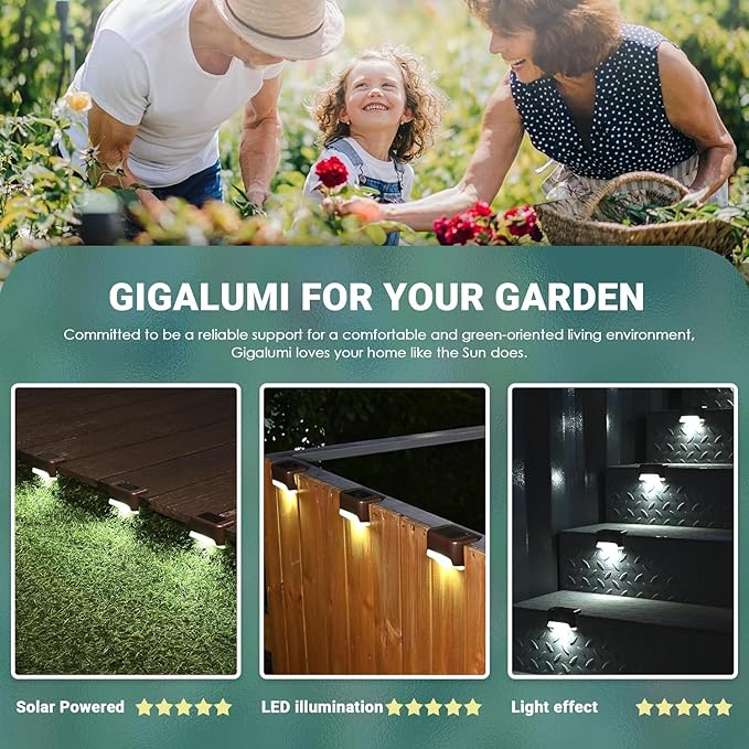 GIGALUMI Solar Deck Lights Outdoor, 16 Pack Waterproof LED Solar Lights for Stairs, Step, Fence, Railing, Yard and Patio (Cool White)