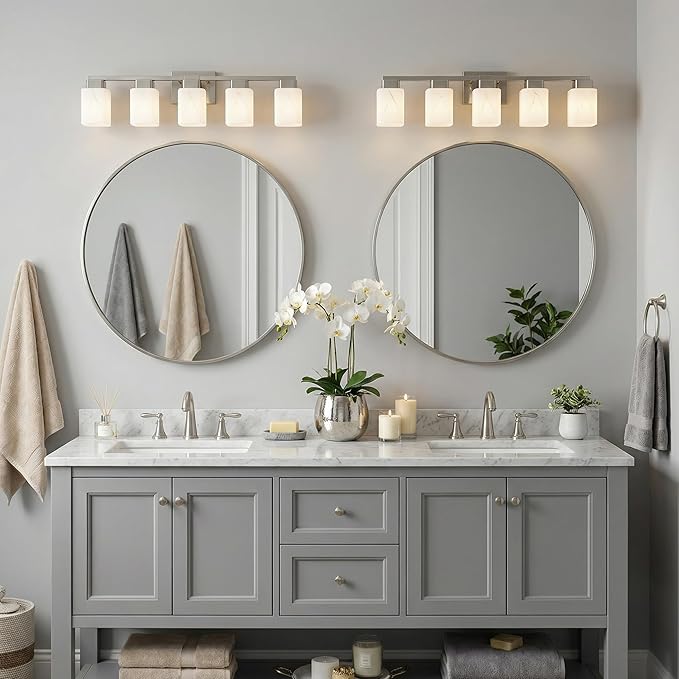 5-Light Square Bathroom Light Fixture, Brushed Nickel Modern Vanity Light with White Marble Glass Shade, for Bathroom Mirror, Living Room, Bedroom, Hallway, E26 Base