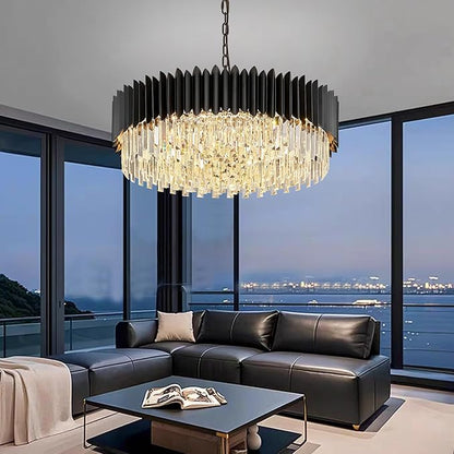 30" Modern Black Crystal Chandelier 12 Lights 6-Tier Large Ceiling Pendant Light Fixture Hanging Ceiling Light for Dining Room Living Room Bedroom Entryway Foyer