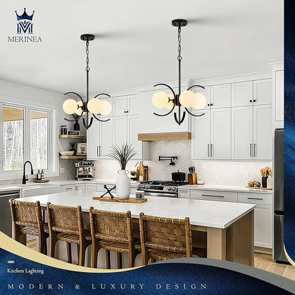 4-Light Modern Sputnik Chandelier L16.5”Small Mid Century Milk Glass Globe Ceiling Pendant Lighting Black Industrial Chandeliers for Entryway Hallway Dining Room Kitchen