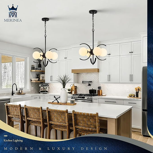 4-Light Modern Sputnik Chandelier L16.5”Small Mid Century Milk Glass Globe Ceiling Pendant Lighting Black Industrial Chandeliers for Entryway Hallway Dining Room Kitchen