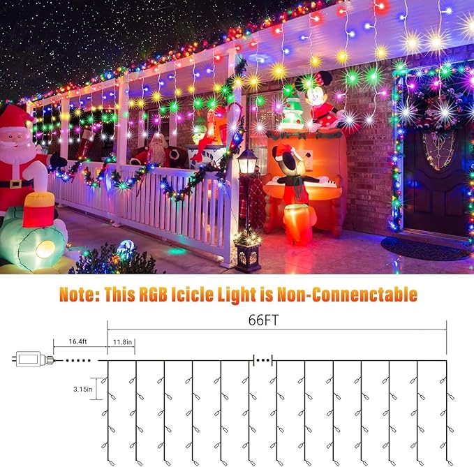 Joomer RGB Christmas Icicle Lights - 66FT Color Changing Outdoor String Lights with Remote Timer, Dripping Blood Effect for Haunted House, Roof, Eaves, Christmas Decor (Non-Connectable)