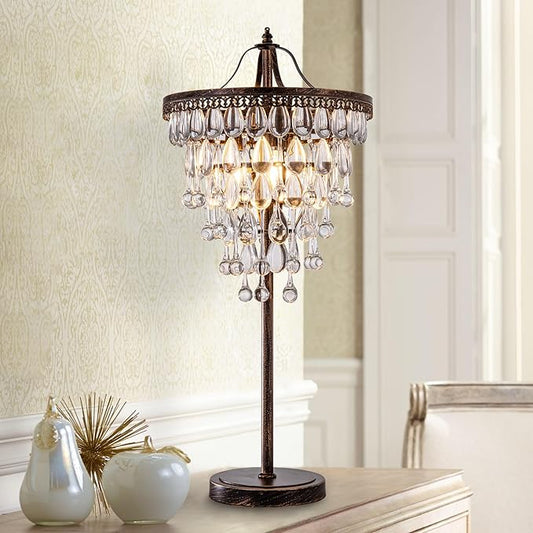 TOCHIC 3 Lights Crystal Table Lamp for Living Room, Bedside Table Lamp for Bedroom Dimmable Control, 28" Tall Bronze Antique Modern Desk Nightstand Lamp for Entryway, Staircase, Home Office