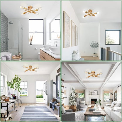 SunRider Industrial 4-Light Semi Flush Mount Ceiling Light Fixture, Modern Lighting Brushed Golden, Rustic Sputnik Chandelier for Kitchen Living Room