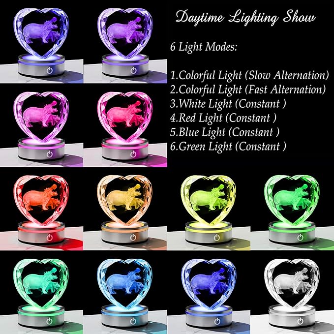 Qianwei Hippo Gifts for Women 3D Crystal Heart - Laser Hippo Decor Glass Animals Hippopotamus Gifts Figurines Statue Stuff for Room Decorations Hippopotamus Night Light