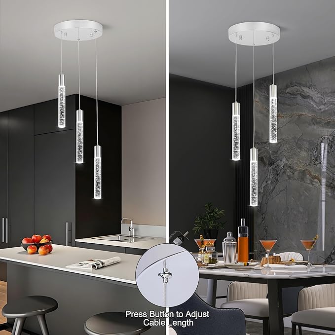 3 Light Pendant Lights Kitchen Island,Modern LED Bubble Crystal Pendants with Dimmable 3000K-6000K Ceiling Hanging Light Fixture for Dining Room Bedroom,Chrome Finish,Adjustable Height 59"