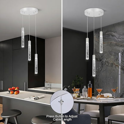 3 Light Pendant Lights Kitchen Island,Modern LED Bubble Crystal Pendants with Dimmable 3000K-6000K Ceiling Hanging Light Fixture for Dining Room Bedroom,Chrome Finish,Adjustable Height 59"