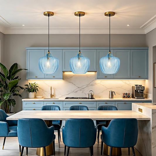 Modern Gold Pendant Light, Blue Glass Farmhouse Kitchen Island Pendant Light Fixture Adjustable Vintage Hanging Ceiling Light for Dining Room Corridor 9.45 inch 1 Pack, UL Certification