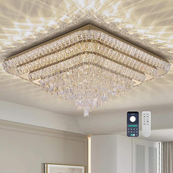 COCOSTAR Crystal Chandeliers, Modern Led Luxury Chandelier, 43" Suqare Flush Mount Chandelier Ceiling Light, Raindrop Chandeliers for Dining Room, Living Room, Bedroom, Gold