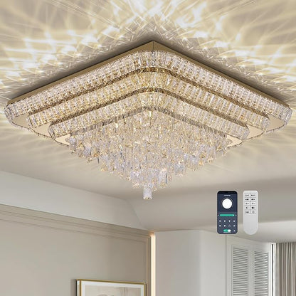 COCOSTAR Crystal Chandeliers, Modern Led Luxury Chandelier, 43" Suqare Flush Mount Chandelier Ceiling Light, Raindrop Chandeliers for Dining Room, Living Room, Bedroom, Gold