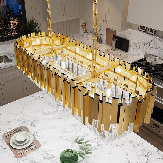 32" Modern Rectangle Crystal Chandelier for Dining Room, 8-Light Gold Crystal Raindrop Chandeliers, Adjustable Height Chandelier for Staircase, Living Room, Foyer