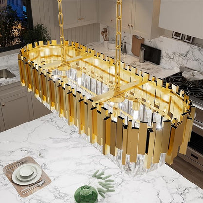 32" Modern Rectangle Crystal Chandelier for Dining Room, 8-Light Gold Crystal Raindrop Chandeliers, Adjustable Height Chandelier for Staircase, Living Room, Foyer