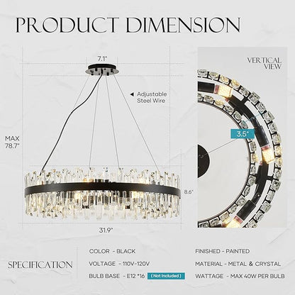 31.9" Black Modern Crystal Chandelier Light Fixtures Luxury 2 Ring Crystal Chandeliers for Dining Room 16-Light Round Hanging Pendant Lighting for Living Room Kitchen Island Entryway Bedroom