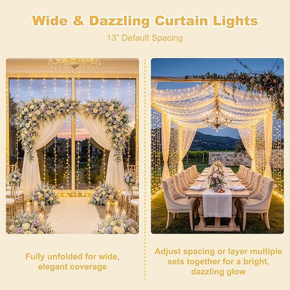 JMEXSUSS 600 LED Curtain Lights Outdoor, 9.5ft x 19.6ft Window Hanging Lights with Remote, Plug in, 8 Modes, Indoor String Lights for Bedroom, Wall, Xmas, Party, Backdrop, Wedding Decor, Warm White