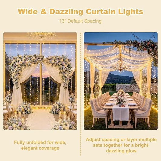 JMEXSUSS 900 LED Outdoor Curtain Lights, 9.5x29.5ft Christmas Lights Plug in with Remote, Twinkle Hanging String Light for Bedroom Wall Wedding Backdrop Window Gazebo Decor, Warm White