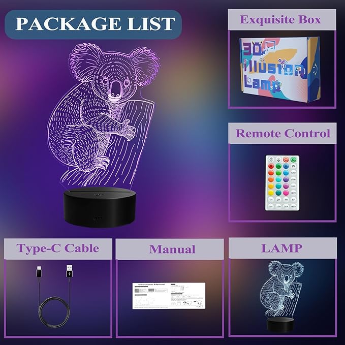 Koala Night Light, Koala Gifts, 3D Illusion Lamp with Remote Control, 16 RGB Colors, 4 Flashing Modes, Timer, Dimmable, Cute Animal for Decor for Holiday Birthday Christmas