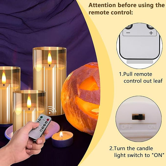 VIEWELLD Glass Flameless Candles with Remote and Timer, Battery Operated Candles, LED Pillar Candles, Electric Fake Candles, Real Wax Set of 3, Christmas Home Wedding Birthday Decor(Gold)