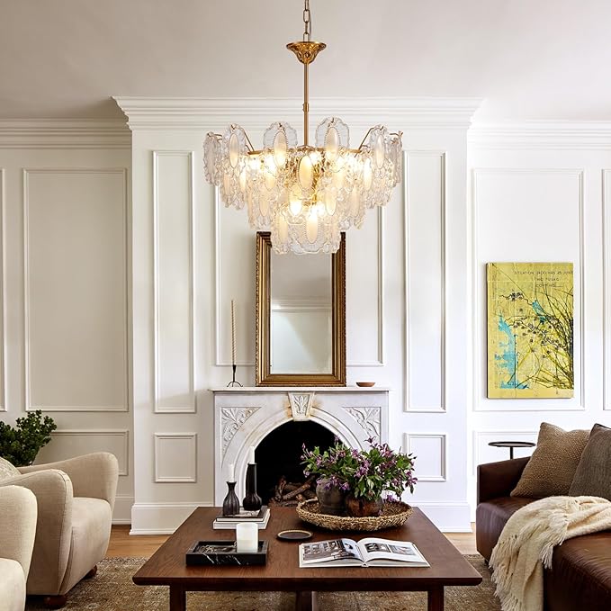 Gold Crystal Chandelier,24-inch Glass Kitchen Island Lights,10 Lights Dining Room Hanging Pendant Light Fixture for Living Room, Bedroom,Foyer, Bathroom,Entryway, Brass Finish, D23.62 xH19.68