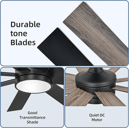 DWVO 60 Inch Black Ceiling Fan with Light and Remote, DC Fanlight for Indoor Outdoor, Modern Ceiling Fan with Reversible 6 Speeds, 3 Color Temperatures, Memory Function, Quiet Motor