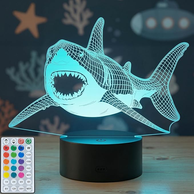 Shark Light, 3D Illusion Shark Night Light with 16 Colors Timer Remote, Kids Room Decor Shark Lamp, Shark Decorations & Gifts for Boys Girls Teenagers Adults