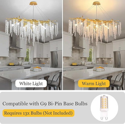 Modern Crystal Tree Branch Chandelier, Gold Linear Art Deco Raindrop Indoor Hanging Pendant Light Fixture for Dining Room Kitchen Island Living Room Bedroom 13 Lights L40''
