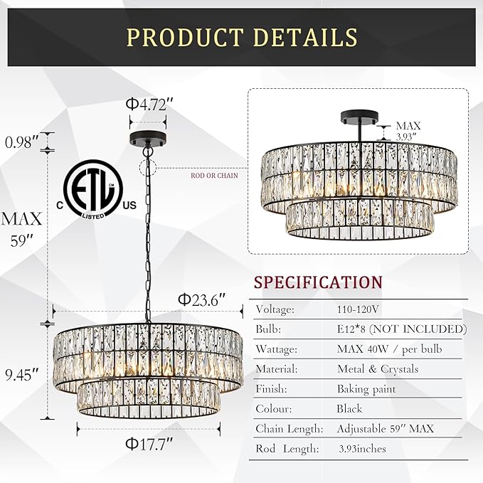 CATINER 24'' Black Crystal Chandeliers Luxury 8-Lights Pendant Chandelier Drum Semi Flush Mount Ceiling Lights for Living Room Dining Room Foyer Bedroom Kitchen